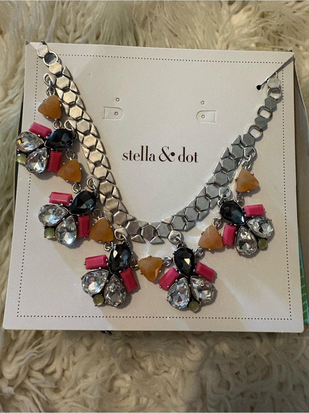 New Stella & Dot Callie Statement Necklace Rhinestone, Silver Tone, Peach & Pink